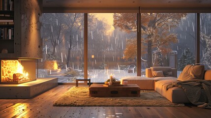 Cozy living room with a fireplace and rain outside the window, perfect pastel tone, whimsical style, high resolution, professional create, very detailed, high quality