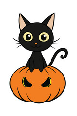 Black Cat and Halloween Pumpkin Cartoon Character Vector Illustration.