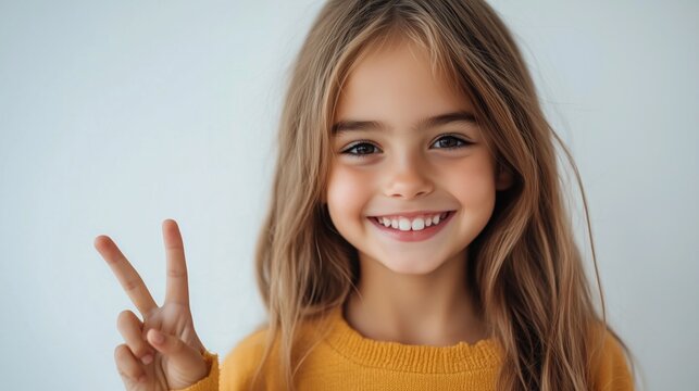 A cheerful girl displays a peace sign while beaming with joy