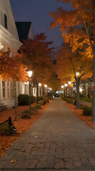 trees are lit up in the evening on a sidewalk