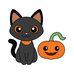 Black Cat and Halloween Pumpkin Cartoon Character Vector Illustration.