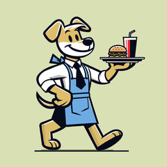 Cartoon dog waiter in apron holding a plate with fast food. Comic mascot character, restaurant emblem, logo