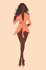 Minimalism illustration, a Latina woman, wearing a wrap dress with a belt and high heels, with one hand on her waist, chic fashion, boho, flat illustration on light coral background 