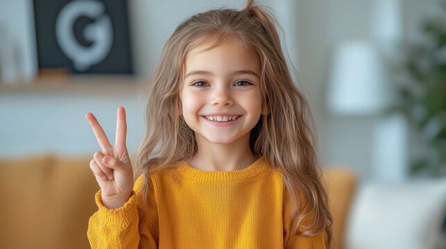 A girl stands smiling and making a peace sign in a cozy indoor environment - Powered by Adobe