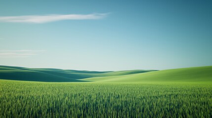 Obraz premium A serene landscape featuring vast green fields under a clear blue sky, perfect for nature-themed projects and serene backgrounds.
