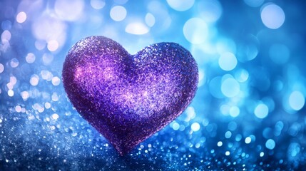 Obraz premium Glittering purple heart on blue bokeh background