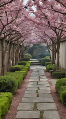 Fototapeta premium a pathway that has a stone path between two trees