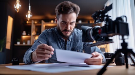 A focused man reviewing documents while filming a video, showcasing creativity and dedication in a well-lit studio environment.