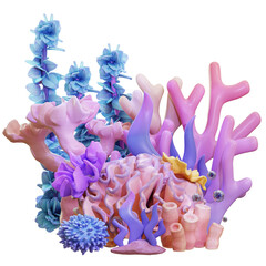 A vibrant coral reef scene with a variety of coral including blue, pink, and purple. 3D cute cartoon perfect for underwater animations, educational exhibits, marine biology visualization. © bluso