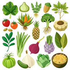 Comprehensive Collection of Vegetables and Fruits Isolated on White Background, Featuring Diverse Produce Sets for Healthy Eating, Modern Grocery Branding, and Nutritional Design Projects