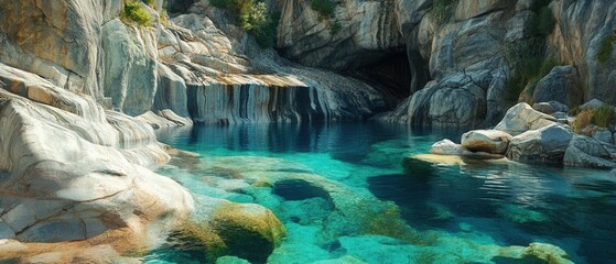 Marble quarry landscape featuring dramatic rock formations and clear turquoise water pools reflecting sunlight