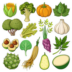 Detailed Collection of Vegetables and Fruits Isolated on White Background, Featuring Fresh Produce Sets for Healthy Eating, Grocery Branding, and Clean, Modern Food Illustrations