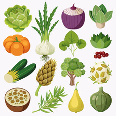 Detailed Collection of Vegetables and Fruits Isolated on White Background, Featuring Fresh Produce Sets for Healthy Eating, Grocery Branding, and Clean, Modern Food Illustrations