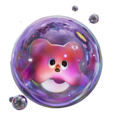 A pink octopus with big eyes and a surprised expression is inside a bubble. 3D cute cartoon perfect for underwater animations, educational exhibits, marine biology visualizations, oceanic simulation.