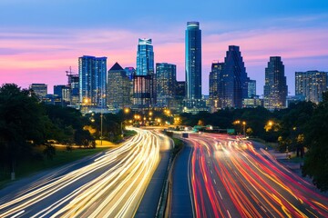 Obraz premium A vibrant city skyline at dusk, featuring tall buildings and a colorful sunset.