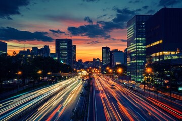 A vibrant cityscape at dusk, showcasing a busy highway with streaks of car lights.