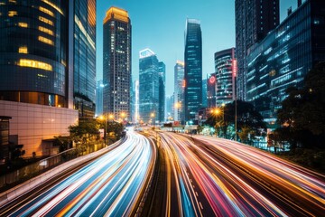 A vibrant cityscape at dusk, showcasing tall skyscrapers illuminated by colorful lights.