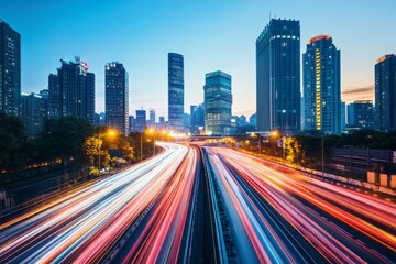 Fototapeta premium A vibrant cityscape at dusk, showcasing skyscrapers and a busy highway with light trails from vehicles.