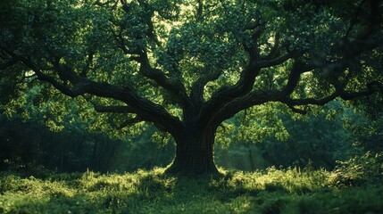 Fototapeta premium A detailed close-up of an old oak tree in a dense forest, breathtaking 4k resolution, super-resolution preserves nuances with some grain