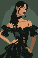 Minimalism illustration, a South Asian woman, wearing a lace-up bodice with a tiered skirt and a velvet choker, with one hand on her hip, gothic woman fashion, flat illustration