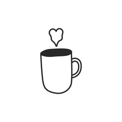 Outline Mug with Heart Shaped Steam Doodle Icon. Hand drawn hot drink cup. Tea or coffee symbol. Isolated vector illustration