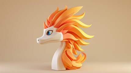 A fierce dragon head in 3D, eyes ablaze with fire, showcasing a unique blend of modern textures and cartoon flair.