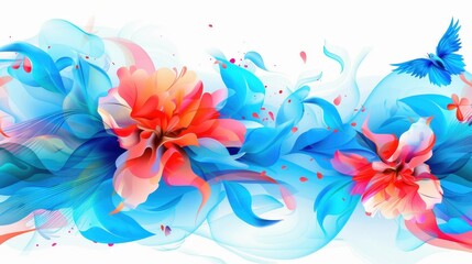 Obraz premium Vibrant abstract floral design featuring delicate birds, a stunning blend of red and blue motifs on a white backdrop.