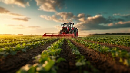 Obraz premium Tractor working on a lush green field under a beautiful sky, showcasing agriculture and farming in action.