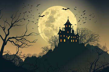 Fototapeta premium An old, spooky house on top of a hill with a full moon