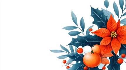 A whimsical farewell to winter captures festive cheer with vibrant holly, juicy oranges, and cheerful poinsettias.