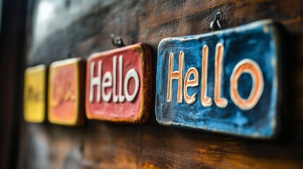 Colorful signs display the word hello in multiple languages arranged neatly