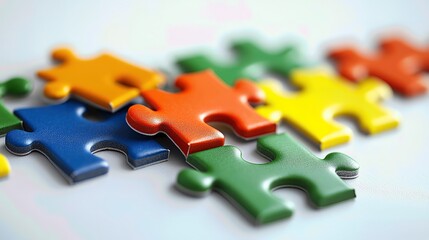 Obraz premium Colorful puzzle pieces interlocked on a surface, symbolizing teamwork, problem-solving, and creativity in a vibrant design.