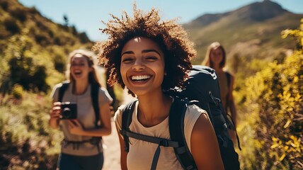 a group of friends hiking together on a scenic trail, smiling and taking photos, vibrant nature in the background