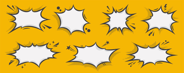 Manga speech bubble. Comic text frame with pop art halftone dotted effect. Balloon chat shape for dialog. Vector cloud for shock shout and scream action messages. Irregular cartoon decoration