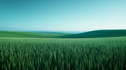 A serene landscape showcasing rolling green hills and lush grass under a clear blue sky, perfect for nature lovers.