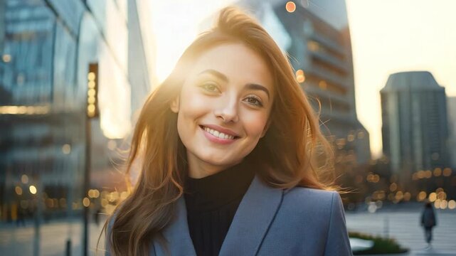 pretty woman smart and confident look smiling walking in urban city street, businesswoman with optimistic mood with gentle breeze wind blow
