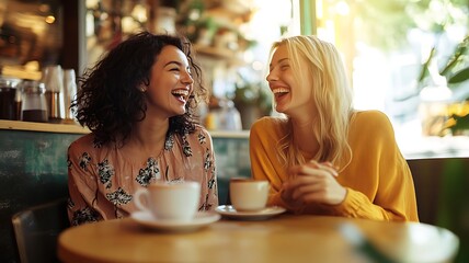 two friends laughing together at a coffee shop, enjoying their conversation, natural light, cozy atmosphere