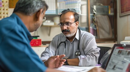 Fototapeta premium An Indian doctor in a cardiology department, reviewing an ECG printout and discussing it with a patient. The clinical setting and the doctor's detailed explanation highlight