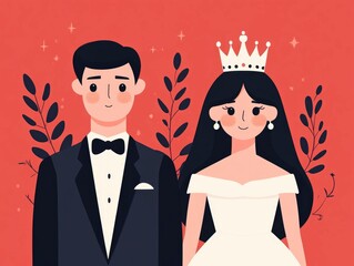 A captivating depicting a prince and princess embarking on a fantastical time travel adventure showcased in a vibrant flat design style that evokes a sense of enchantment and imagination