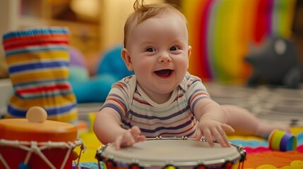 Capture the moment of a baby playing with musical instruments, their tiny hands tapping a drum and their face lit up with delight.