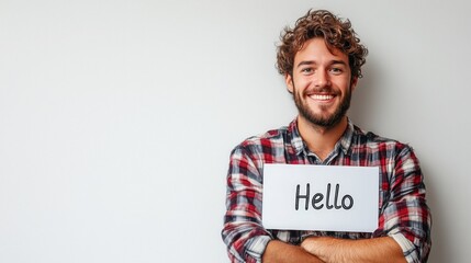 Man with a friendly smile greets with a placard saying hello