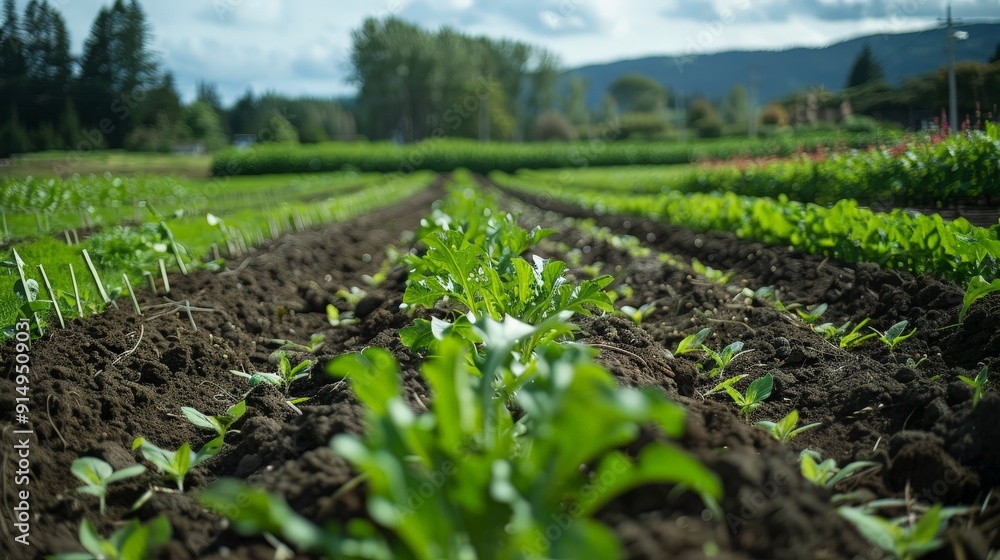 Wall mural describe the role of organic food in promoting biodiversity. write about crop diversity, soil health