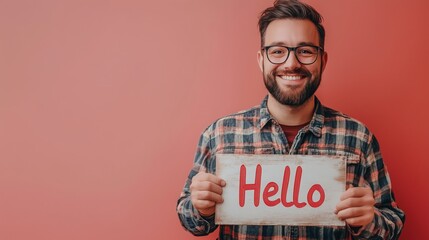 A cheerful man greets everyone with a hello sign in a vibrant setting