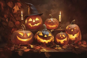 Experience the enchanting atmosphere of Halloween pumpkins adorned with flickering candles