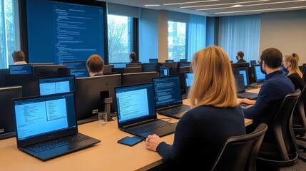 A modern classroom filled with students engaged in programming and coding on laptops, focused on learning and collaboration.