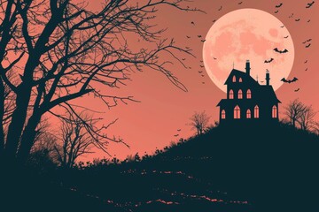 Fototapeta premium An old, spooky house on top of a hill with a full moon