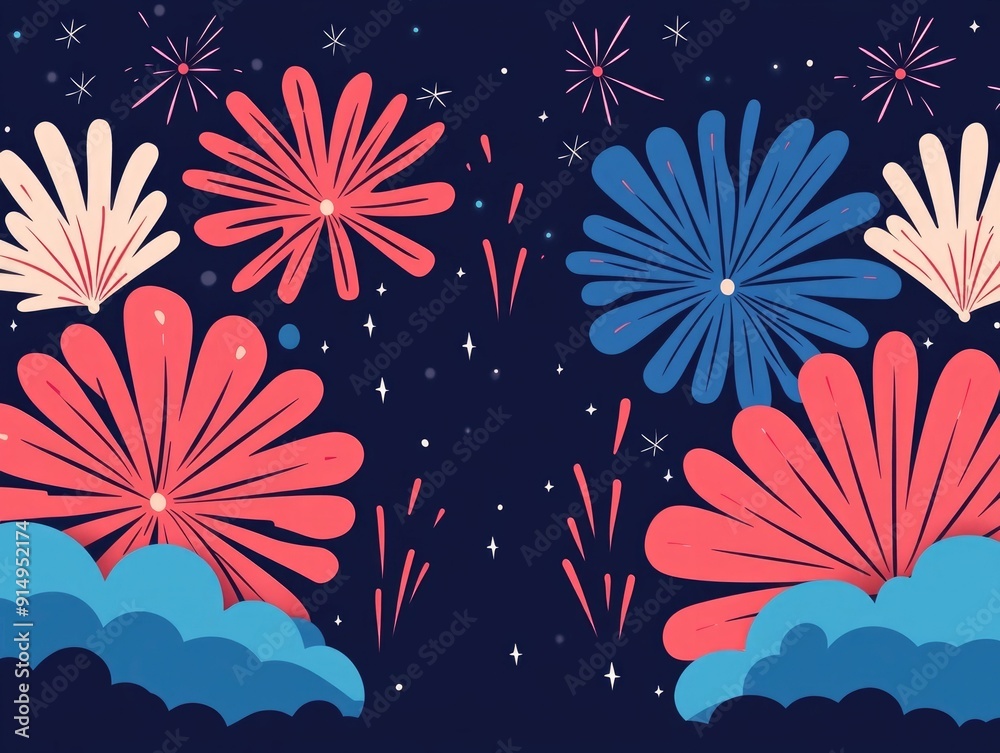 Poster Captivating Firework Display in the Night Sky with Vibrant Burst Patterns in Flat Design Colorful dynamic
