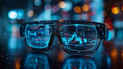 A clear and detailed image of augmented reality glasses projecting stock market data, with intricate graphs and data points.