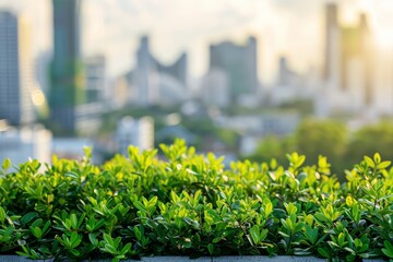 Aerial view of a lush rooftop garden integrated into an urban environment, illustrating the harmony between nature and modern cityscapes.