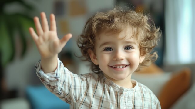 A joyful child waves enthusiastically while smiling brightly indoors